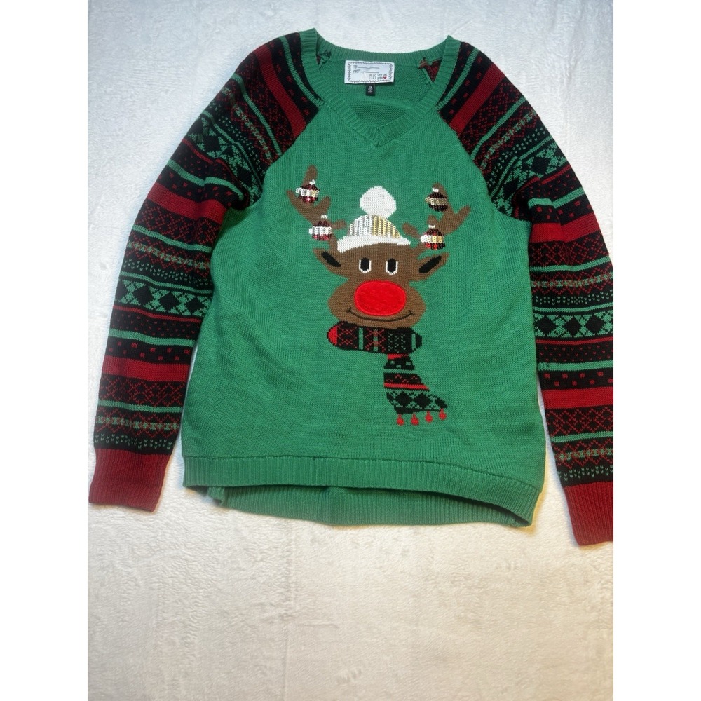Ugly Christmas Sweater 1X Sequins Green Rudolph‎ Holiday Reindeer Lined XL Plaid